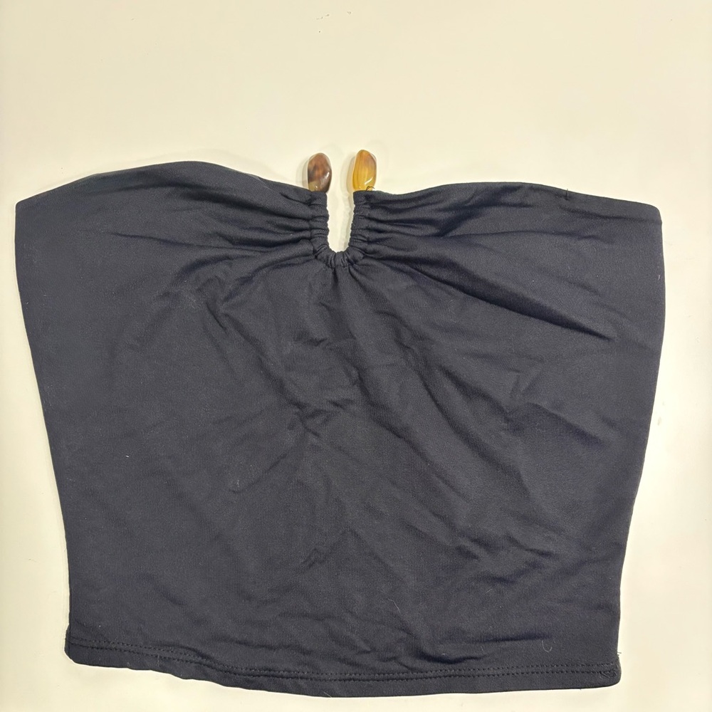 black ruched bandeau top with center gem